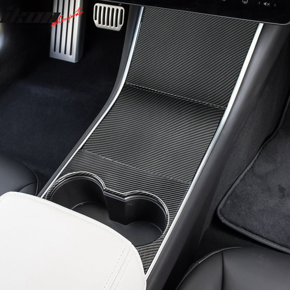 IKON MOTORSPORTS, Console Box Cover Compatible With 2017-2020 Tesla Model 3 All Models, ABS Matte Black Carbon Fiber Print Front Center Console Storage Box Cover Trim 4PCS, 2018 2019