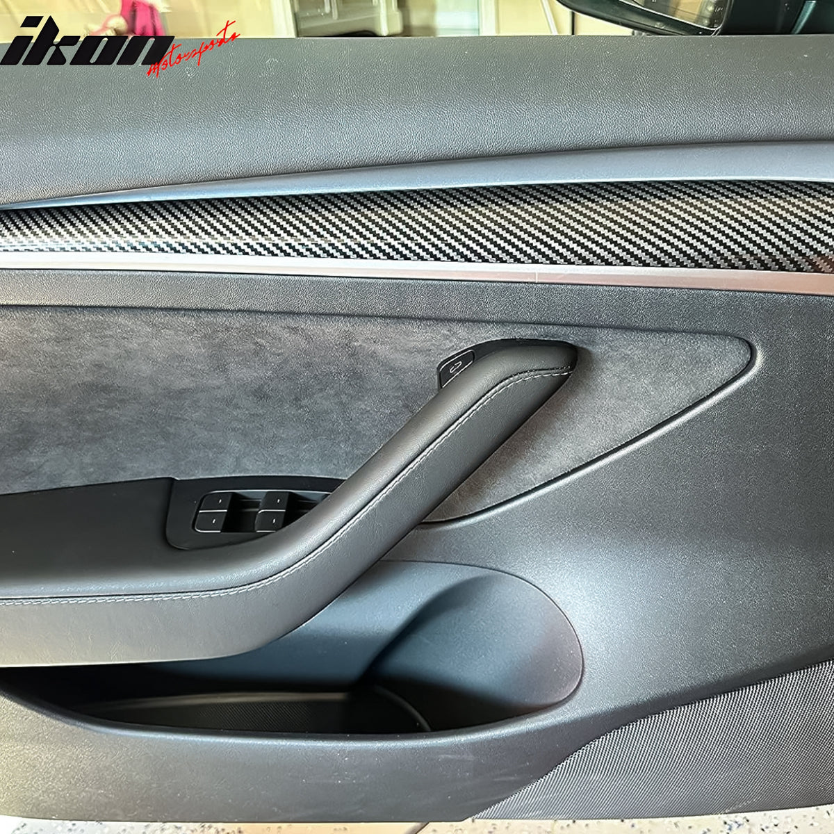 Fits 21-23 Tesla Model 3 23 Y Front Door Panel Trim Carbon Fiber Print 2PCS ABS