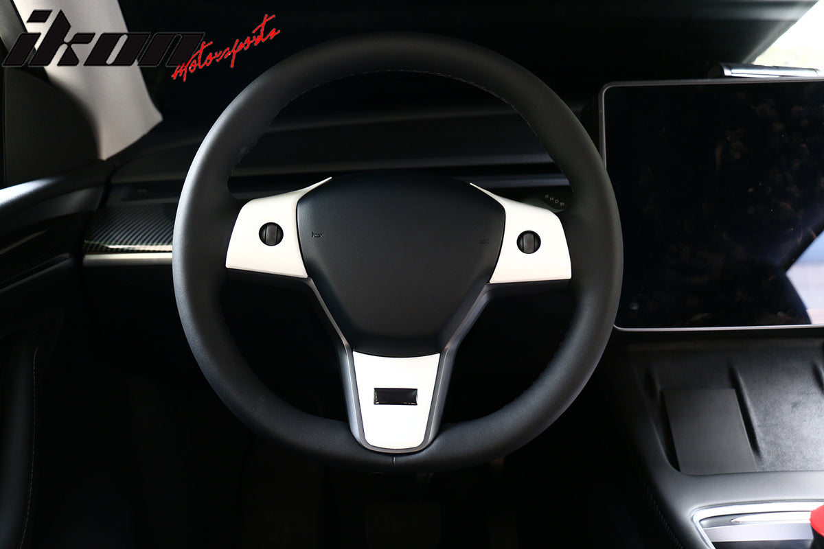 IKON MOTORSPORTS, Steering Wheel Cover Trims Compatible With 2017-2023 Tesla Model 3 & 2020-2023 Model Y, ABS 3PCS