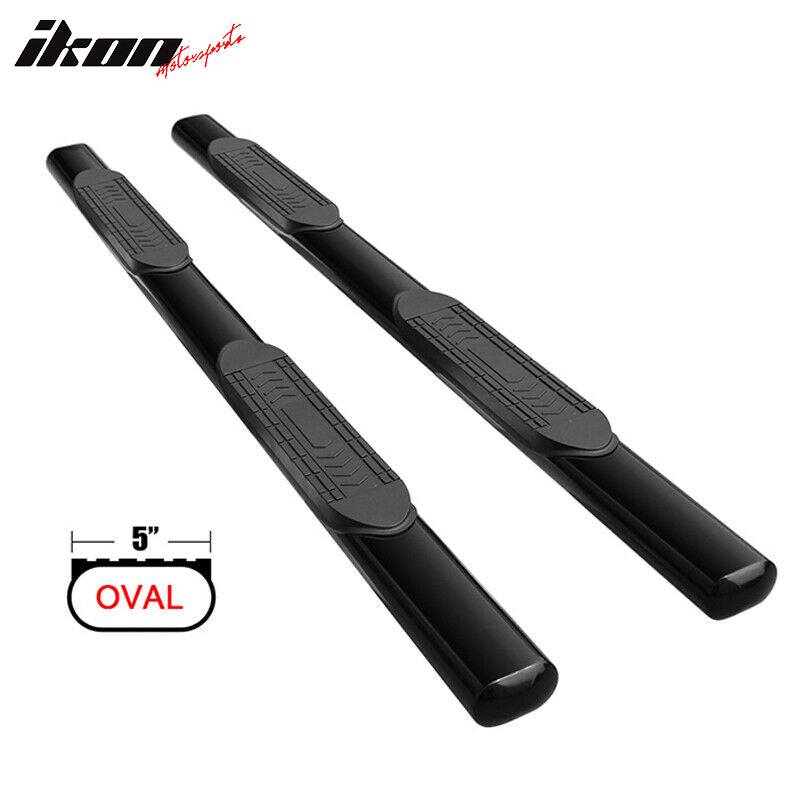IKON MOTORSPORTS, 2PCS Running Boards Compatible With 1999-2018 GMC Sierra & Chevy Silverado Crew Cab 5", Side Step Bar Nerf Bar Oval Style Carbon Steel Black, 009 2010 2011 2012 2013 2014 2015