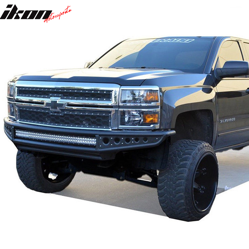 IKON MOTORSPORTS, Front Bumper Grille Compatible With 2014-2018 Chevy Silverado 1500, Bull Bar Push Front Bumper Grille Grill Guard W/ Lights Iron Steel, 2015 2016 2017