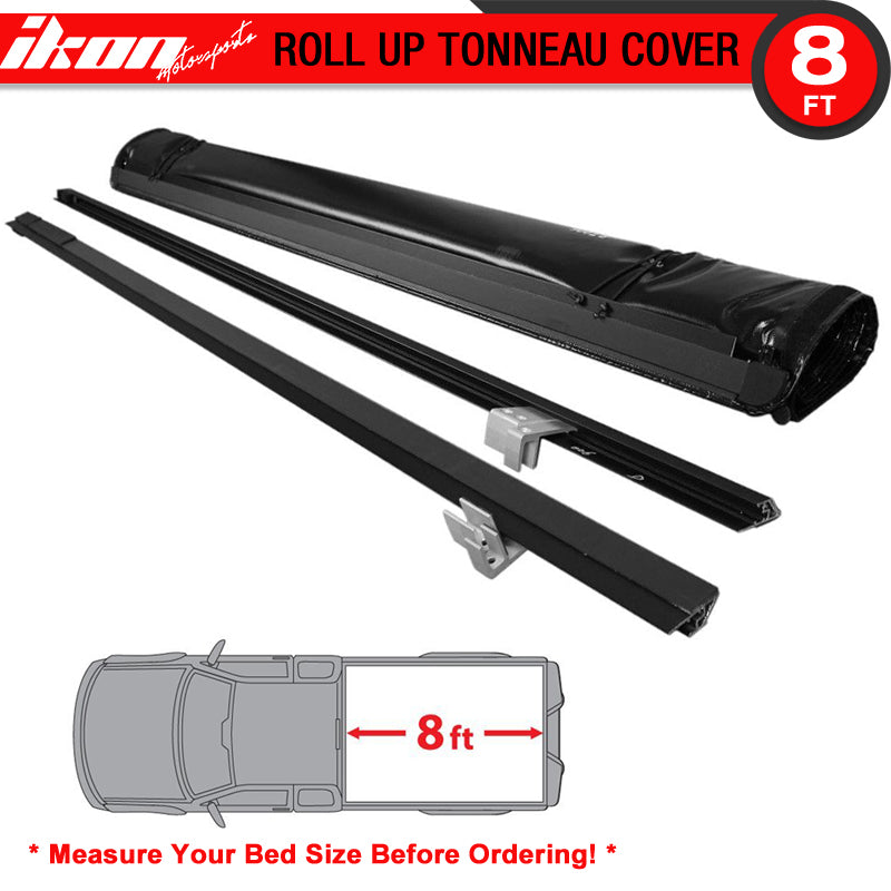 Tonneau Cover Compatible With 2002-2017 Dodge Ram 1500 2500 3500, Roll and Lock Soft Style Double Sided 24 OZ Vinyl Aluminum Black 8 Feet Long Bed By IKON MOTORSPORTS