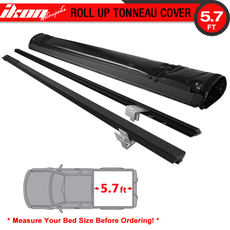 Tonneau Cover Compatible With 2009-2017 Dodge Ram 1500 2500 3500, Roll up Soft Style Double Sided 24 OZ Vinyl Aluminum Black 69 Inch Bed By IKON MOTORSPORTS, 2010 2011 2012 2013 2014 2015 2016