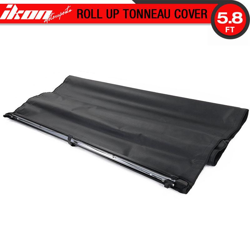Tonneau Cover Compatible With 2014-2017 CHEVY SILVERADO GMC SIERRA, Roll and Lock Soft Style Double sided 24 oz vinyl Aluminum Black 5.8 ft Bed By IKON MOTORSPORTS, 2015 2016