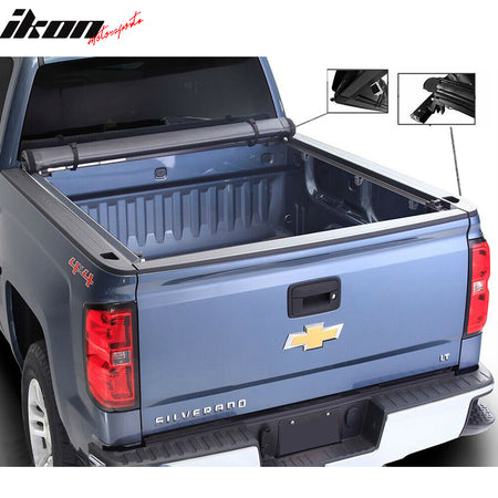 IKON MOTORSPORTS, Tonneau Cover Compatible With 2019-2022 Chevy Silverado GMC Sierra 1500, Roll and Lock Soft Style Double sided 24 oz vinyl Aluminum Black 6.6 ft Bed
