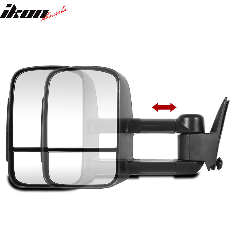 IKON MOTORSPORTS, Towing Mirrors Compatible With 2003-2007 Chevrolet Silverado& GMC Sierra, Heated Smoke Light ABS Plastic Textured Black Mirrors