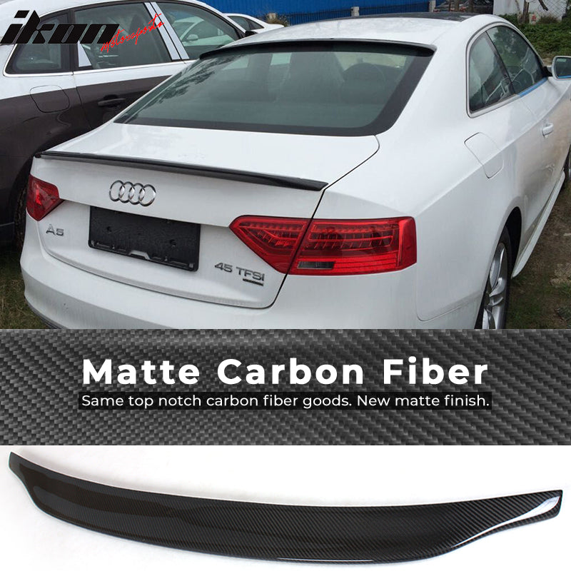 IKON MOTORSPORTS, Trunk Spoiler Compatible With 2008-2015 Audi A5 B8 Coupe, Matte Carbon Fiber + FRP CA Style Rear Spoiler Wing, 2009 2010 2011 2012 2013 2014
