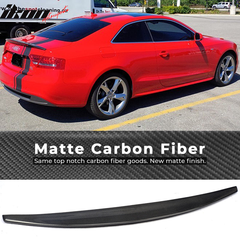 IKON MOTORSPORTS, Trunk Spoiler Compatible With 2008-2017 Audi A5 B8 Coupe, Matte Carbon Fiber + FRP S Style Rear Spoiler Wing, 2009 2010 2011 2012 2013 2014 2015 2016