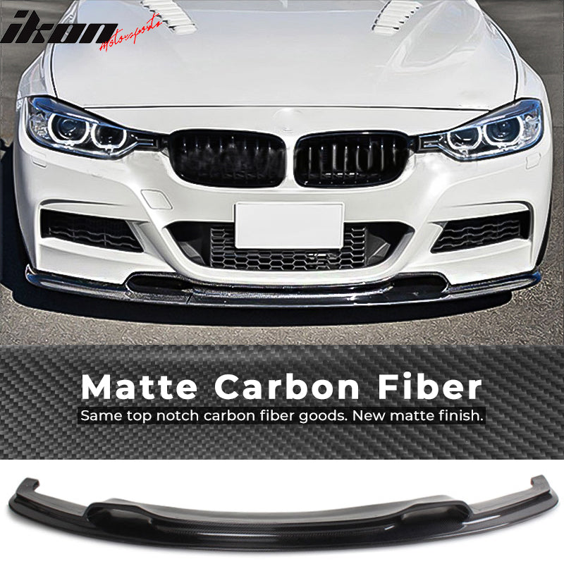 IKON MOTORSPORTS, Front Bumper Lip Compatible With 2012-2018 BMW 3 Series F30 Sedan M Sport , Matte Carbon Fiber VRS Style Front Lip Spoiler Wing Chin Splitter, 2013 2014 2015 2016 2017