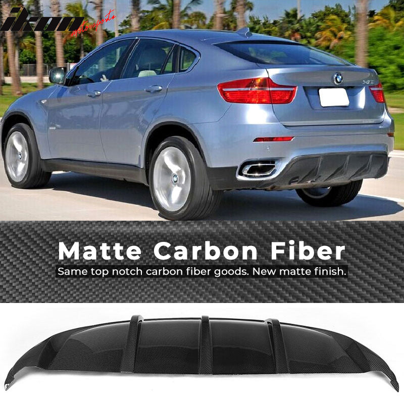 IKON MOTORSPORTS, Rear Diffuser Compatible With 2008-2014 BMW X6 E71 , Matte Carbon Fiber JC Style Rear Bumper Lip Spoiler Wing, 2009 2010 2011 2012 2013