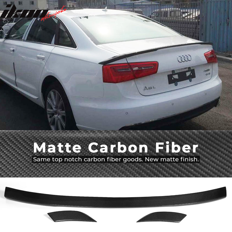 IKON MOTORSPORTS, Trunk Spoiler Compatible With 2012-2017 Audi A6 C7 Sedan , Matte Carbon Fiber + FRP ABT Style Rear Spoiler Wing, 2013 2014 2015 2016