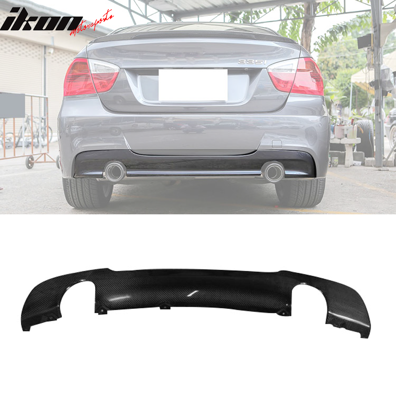 IKON MOTORSPORTS, Rear Diffuser Compatible With 2006-2011 BMW 3 Series E90 M Sport , Matte Carbon Fiber + FRP M Performance Style Rear Bumper Lip Spoiler Wing, 2007 2008 2009 2010