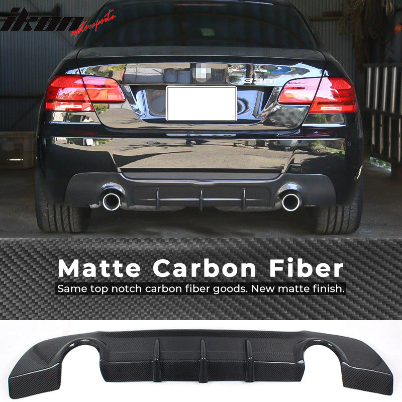 IKON MOTORSPORTS, Rear Diffuser Compatible With 2007-2013 BMW E92 E93 3 Series Coupe Convertible , Matte Carbon Fiber + FRP M Performance Style Rear Bumper Lip Spoiler Wing, 2008 2009 2010 2011 2012