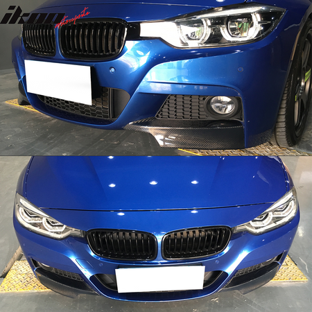 IKON MOTORSPORTS, Front Splitters Compatible With 2012-2018 BMW 3 Series F30 Sedan M Sport, Matte Carbon Fiber + FRP M Performance Style Front Spoiler Wing Chin Splitter, 2013 2014 2015 2016 2017