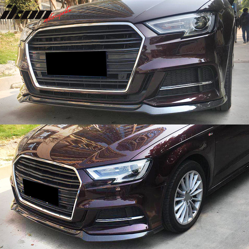 IKON MOTORSPORTS, Front Bumper Lip Compatible With 2017-2018 Audi A3 SLINE S3 Hatchback , Matte Carbon Fiber JC Style Front Lip Spoiler Wing Chin Splitter