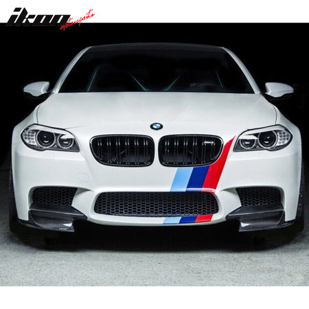 IKON MOTORSPORTS, Front Lip Splitters Compatible With 2012-2016 BMW 5 Series F10 M5 , Matte Carbon Fiber + FRP RKP Style Front Bumper Lip Spoiler Wing 2PC, 2013 2014 2015