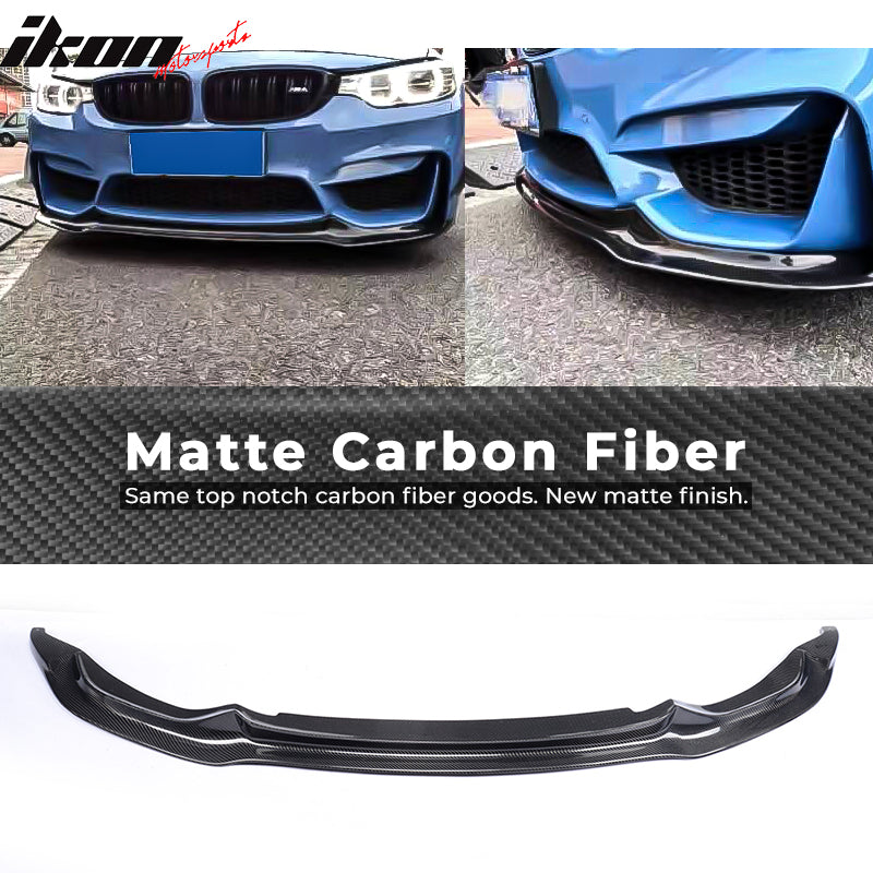IKON MOTORSPORTS, Front Bumper Lip Compatible With 2015-2020 BMW M3 F80 M4 F82 F83 , Matte Carbon Fiber + FRP V Style Front Lip Spoiler Wing Chin Splitter, 2016 2017 2018 2019
