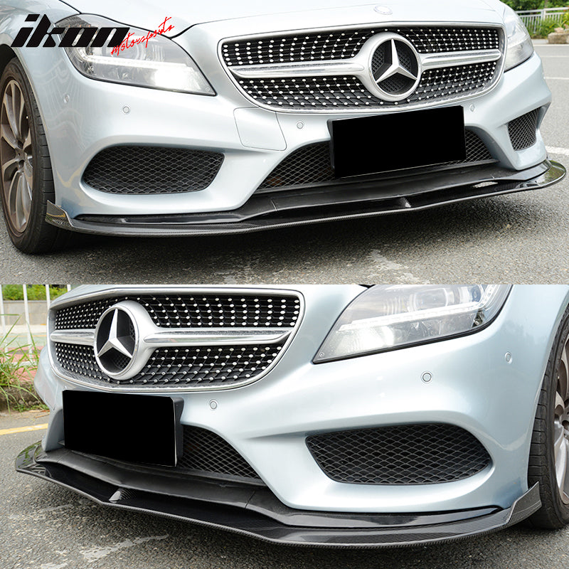 IKON MOTORSPORTS, Front Bumper Lip Compatible With 2015-2018 Mercedes-Benz W218 CLS CLASS , Matte Carbon Fiber + FRP JC Style Front Lip Spoiler Wing Chin Splitter, 2016 2017