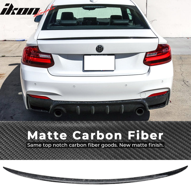 IKON MOTORSPORTS, Trunk Spoiler Compatible With 2016-2021 BMW F87 M2 & 2014-2021 F22 220i M235i, V Style Matte Forged Carbon Fiber Rear Roof Spoiler Wing, 2015 2016 2017 2018 2019