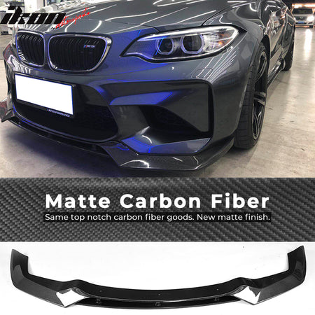IKON MOTORSPORTS, Front Bumper Lip Compatible With 2016-2018 BMW F87 M2, V Style Matte Carbon Fiber Front Lip Chin Valance Spoiler Splitter, 2017 2018