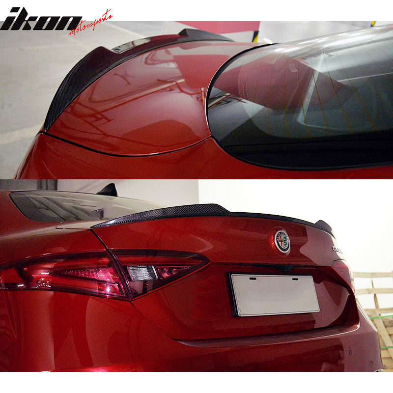 IKON MOTORSPORTS, Trunk Spoiler Compatible With 2015-2018 Alfa Romeo Giulia Sedan, Factory Style Matte Carbon Fiber Rear Spoiler Wing, 2016 2017