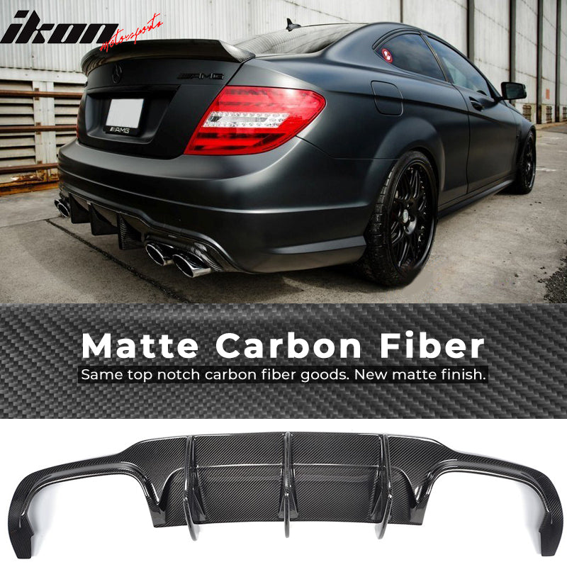 IKON MOTORSPORTS, Rear Diffuser Compatible With 2012-2014 Mercedes-Benz C Class W204 C63, AMG Style Matte Carbon Fiber Rear Bumper Lip Valance Spoiler, 2013