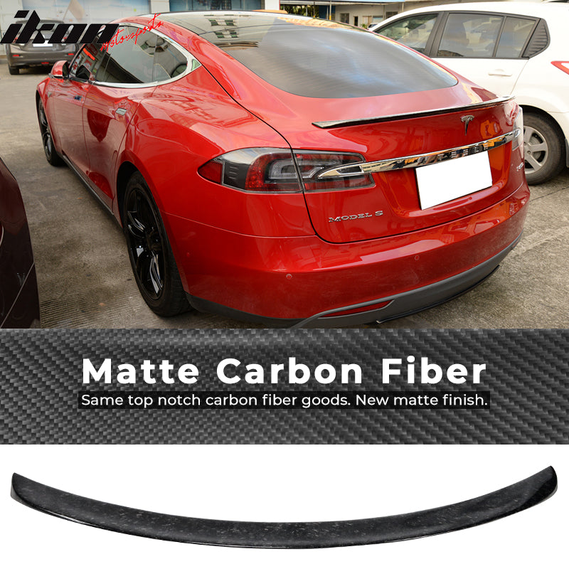 IKON MOTORSPORTS, Trunk Spoiler Compatible With 2012-2019 Tesla Model S Sedan, Factory Style Matte Forged Carbon Fiber & FRP Rear Roof Spoiler Wing, 2013 2014 2015 2016 2017 2018