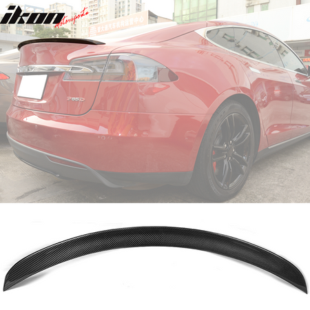 IKON MOTORSPORTS, Trunk Spoiler Compatible With 2012-2019 Tesla Model S Sedan, Factory Style Matte Forged Carbon Fiber & FRP Rear Roof Spoiler Wing, 2013 2014 2015 2016 2017 2018