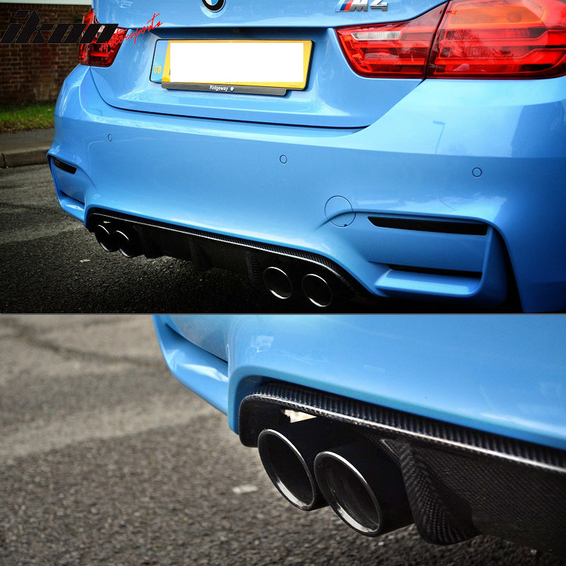 IKON MOTORSPORTS, Rear Diffuser Compatible With 2015-2020 BMW M4 Coupe F82, P Style Matte Carbon Fiber Rear Bumper Lip Valance Spoiler, 2016 2017 2018 2019