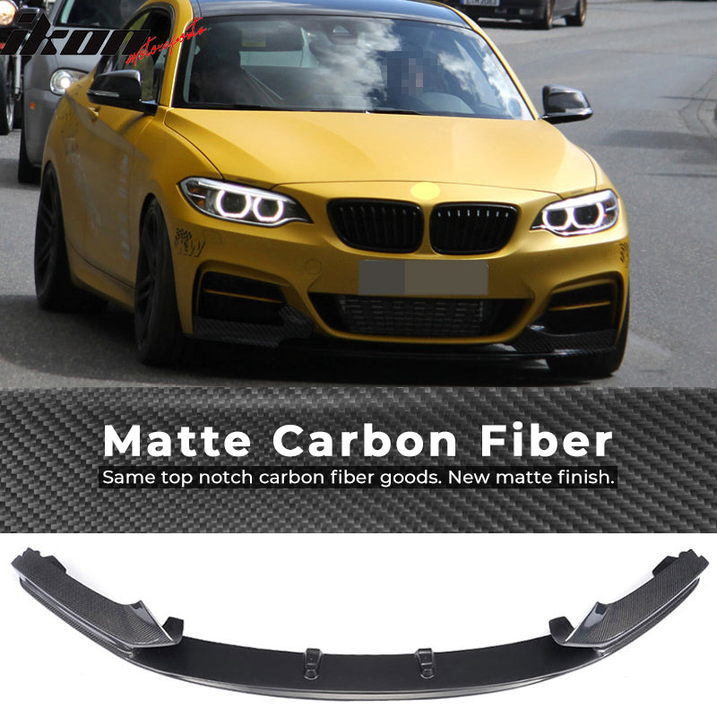 IKON MOTORSPORTS, Front Bumper Lip Compatible With 2014-2020 BMW 2 Series F22 F23 M Sport, M Performance Style Matte Carbon Fiber Front Lip Chin Valance Spoiler Splitter, 2015 2016 2017 2018 2019