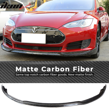 IKON MOTORSPORTS, Front Bumper Lip Compatible With 2012-2017 Tesla Model S Sedan, JC Style Matte Forged Carbon Fiber & FRP Front Lip Under Chin Spoiler Splitter, 2013 2014 2015 2016