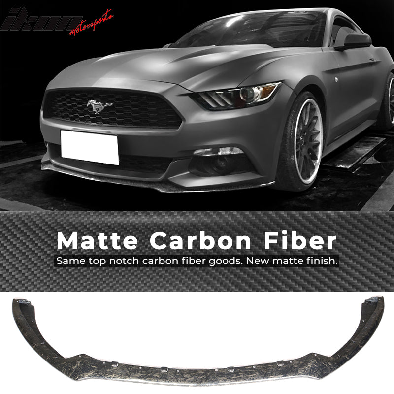 IKON MOTORSPORTS, Front Bumper Lip Compatible With 2015-2017 Ford Mustang Coupe Except GT350, Factory Style Matte Forged Carbon Fiber & FRP Front Lip Under Chin Spoiler Splitter, 2016