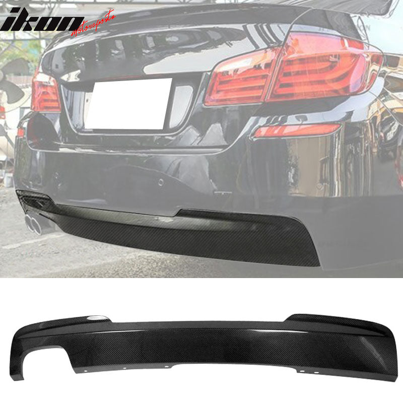 IKON MOTORSPORTS, Rear Diffuser Compatible With 2011-2016 BMW F10 528 Dual Exhaust Tips On Left Side , Matte Carbon Fiber Factory Style Rear Bumper Lip Spoiler Wing, 2012 2013 2014 2015