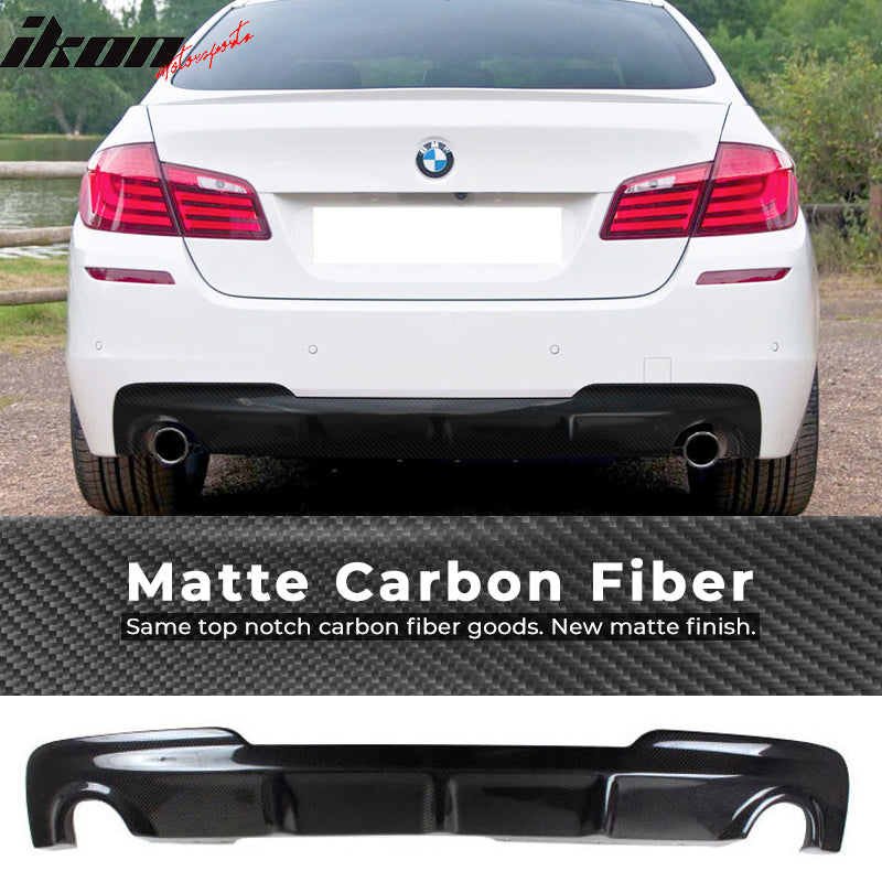 IKON MOTORSPORTS, Rear Diffuser Compatible With 2011-2016 BMW 5 Series F10 M Sport , Matte Carbon Fiber + FRP AK Style Rear Bumper Lip Spoiler Wing, 2012 2013 2014 2015