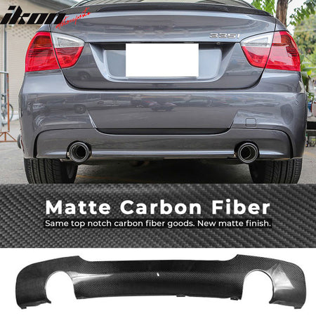 IKON MOTORSPORTS, Rear Diffuser Compatible With 2006-2011 BMW 3 Series E90 M Sport , Matte Carbon Fiber + FRP M Performance Style Rear Bumper Lip Spoiler Wing, 2007 2008 2009 2010