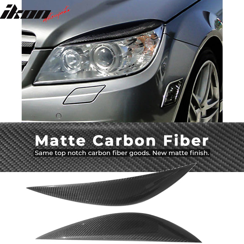 IKON MOTORSPORTS, Headlight Eyelid Compatible With 2007-2010 Mercedes-Benz C-Class W204 Sedan, JC Style Matte Carbon Fiber Headlight Eyebrow 2PC, 2008 2009