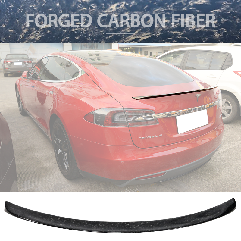 IKON MOTORSPORTS, Trunk Spoiler Compatible With 2012-2019 Tesla Model S Sedan, Factory Style Matte Forged Carbon Fiber & FRP Rear Roof Spoiler Wing, 2013 2014 2015 2016 2017 2018
