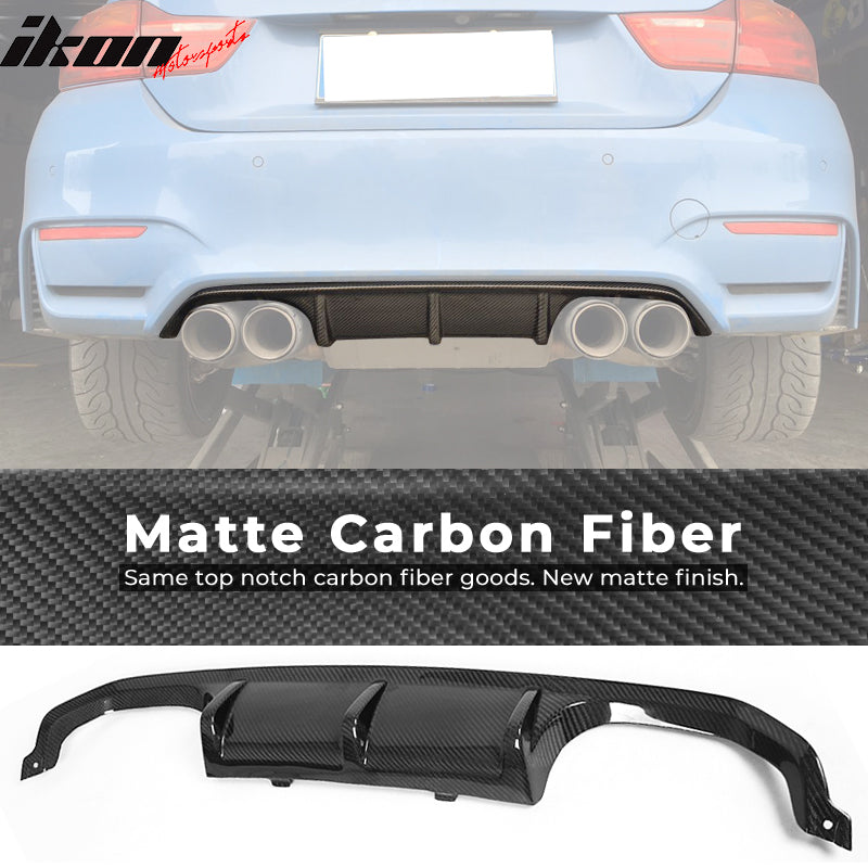 IKON MOTORSPORTS, Rear Diffuser Compatible With 2015-2020 BMW M4 Coupe F82, P Style Matte Carbon Fiber Rear Bumper Lip Valance Spoiler, 2016 2017 2018 2019