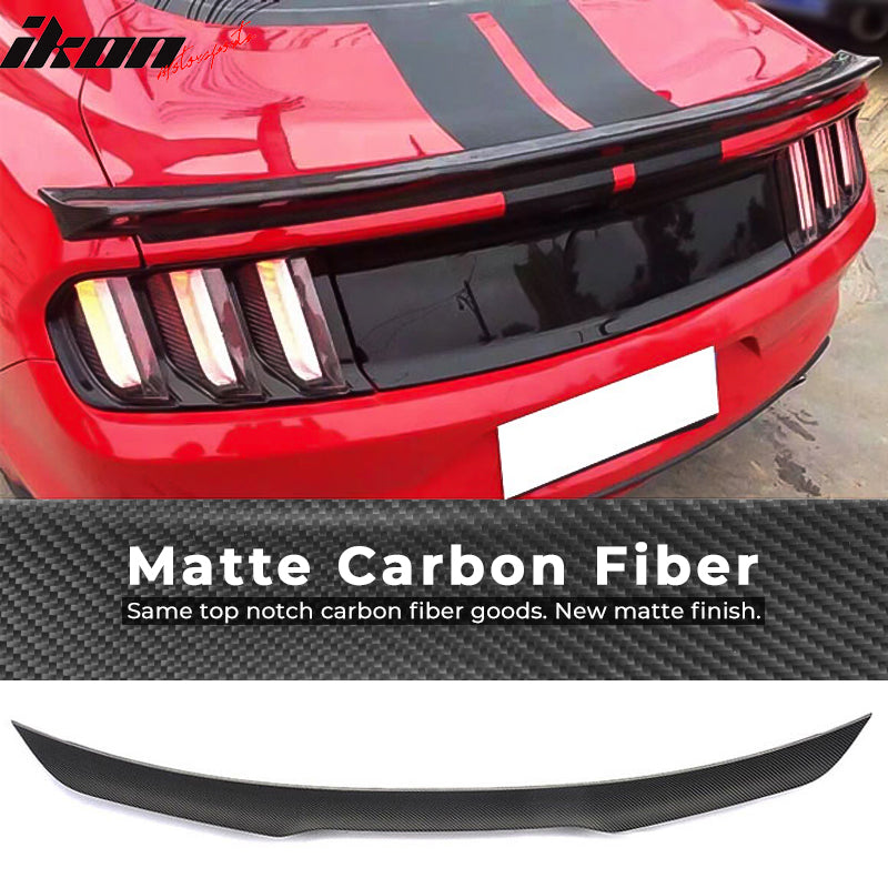 IKON MOTORSPORTS, Trunk Spoiler Compatible With 2015-2022 Ford Mustang S550 Coupe, GT Style Matte Carbon Fiber Rear Spoiler Wing, 2016 2017