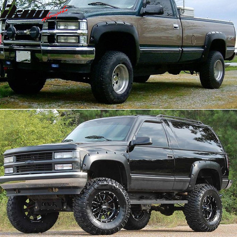 Replacement Fits for Chevy C1500 K1500 Blazer Jimmy Suburban Tahoe & GMC Yukon, Fender Flares Pocket Rivet Style Black Front & Rear Smooth Wheel Flare Cover Protector 4 PCs by IKON MOTORSPORTS