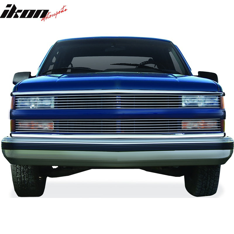 IKON MOTORSPORTS, Front Grille Compatible With 1994-1998 Chevrolet C1500/C2500/C3500/K1500/K2500/K3500, Front Bumper Upper Hood Grille Insert Assembly Replacement Aluminum Polished Silver