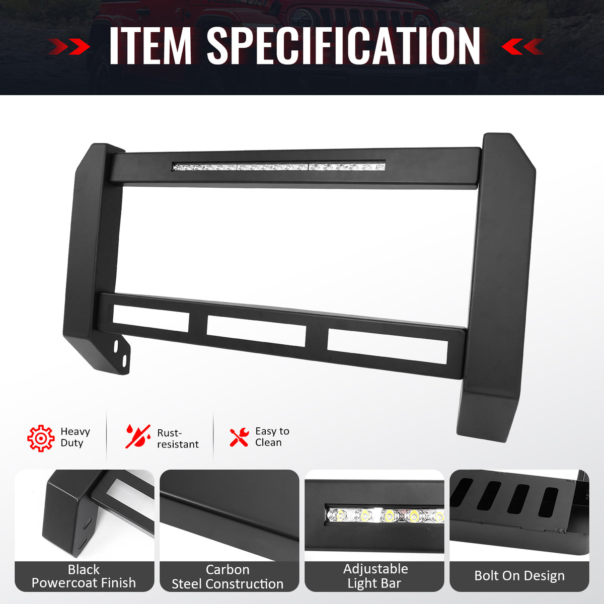 IKON MOTORSPORTS Bull Bar With LED Light Bar, Compatible with 2019-2024 Ram 1500, Black Steel Aluminum Front Bumper Brush Push Grille Guard W/ License Plate Mounting Bracket, Exterior Accessories
