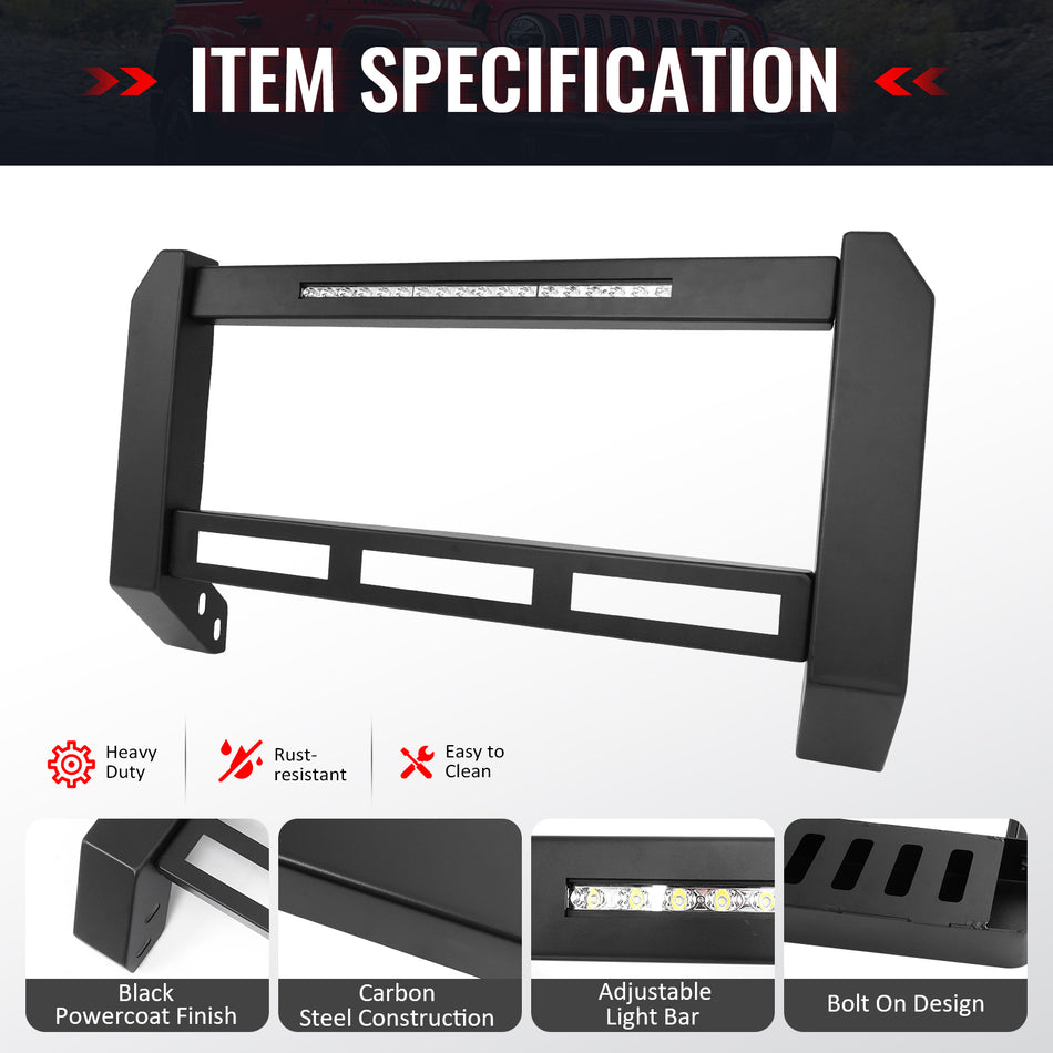 IKON MOTORSPORTS Bull Bar With LED Light Bar, Compatible with 2019-2024 Ram 1500, Black Steel Aluminum Front Bumper Brush Push Grille Guard W/ License Plate Mounting Bracket, Exterior Accessories