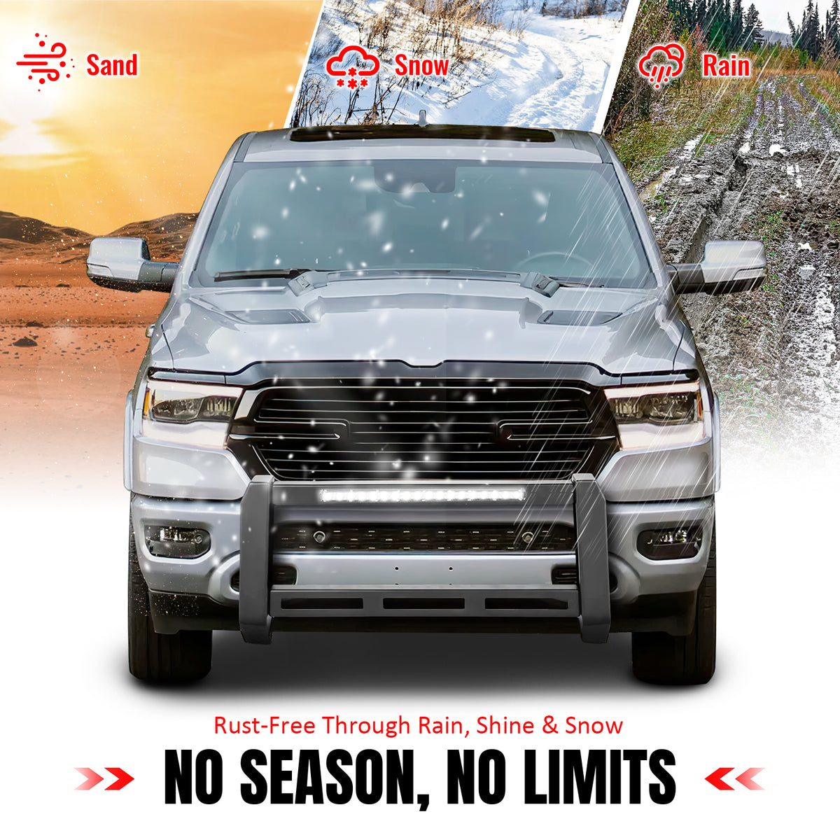 Fits 19-24 Ram 1500 Bull Bar Front Brush Push Bumper Grille Guard W/LED Light