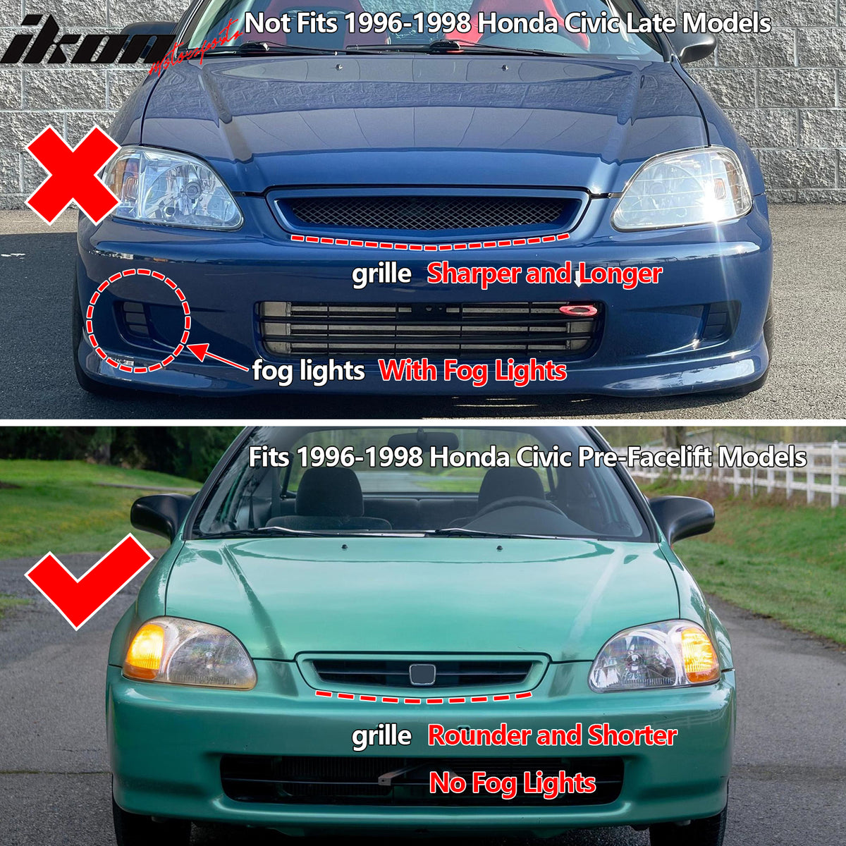 IKON MOTORSPORTS JDM JUN Style Front & Rear Bumper Lip Kit For 1996-1998 Honda Civic EK (PU, Unpainted)