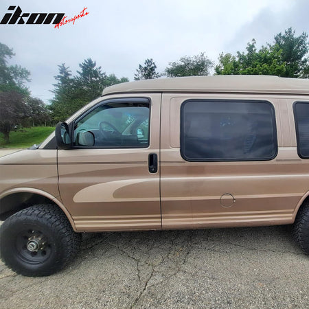 IKON MOTORSPORTS In Channel Window Visors Compatible with 1996-2024 Chevy Express & GMC Savana 1500 2500 3500, Slim Style Acrylic Smoke Rain Guards, Side Window Wind Deflectors 2PCS
