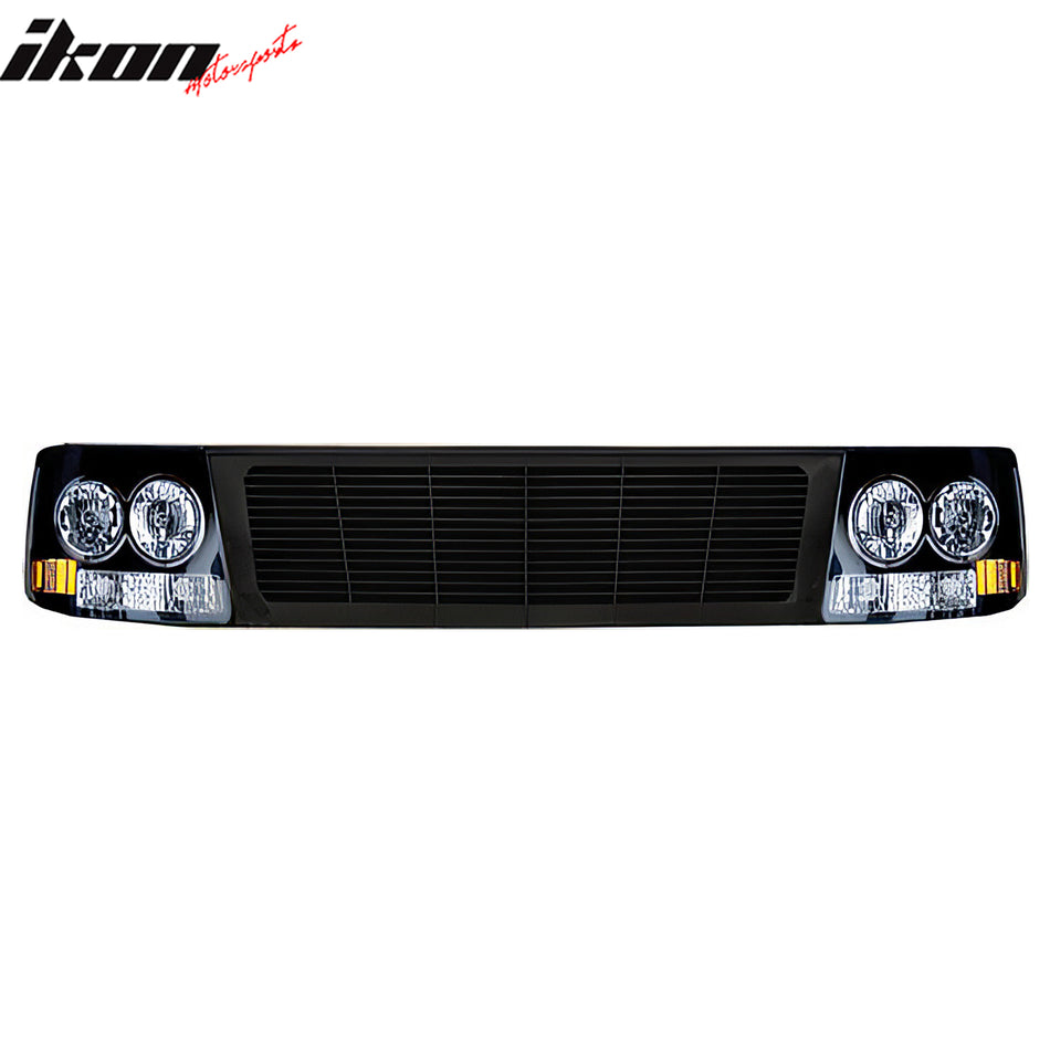 IKON MOTORSPORTS Front Upper Grille, Compatible with 1999-2002 Chevrolet Silverado 1500/1500 HD/2500/2500 HD/3500, RR Style Black ABS Front Bumper Hood Grill w/ Headlights 1PCS