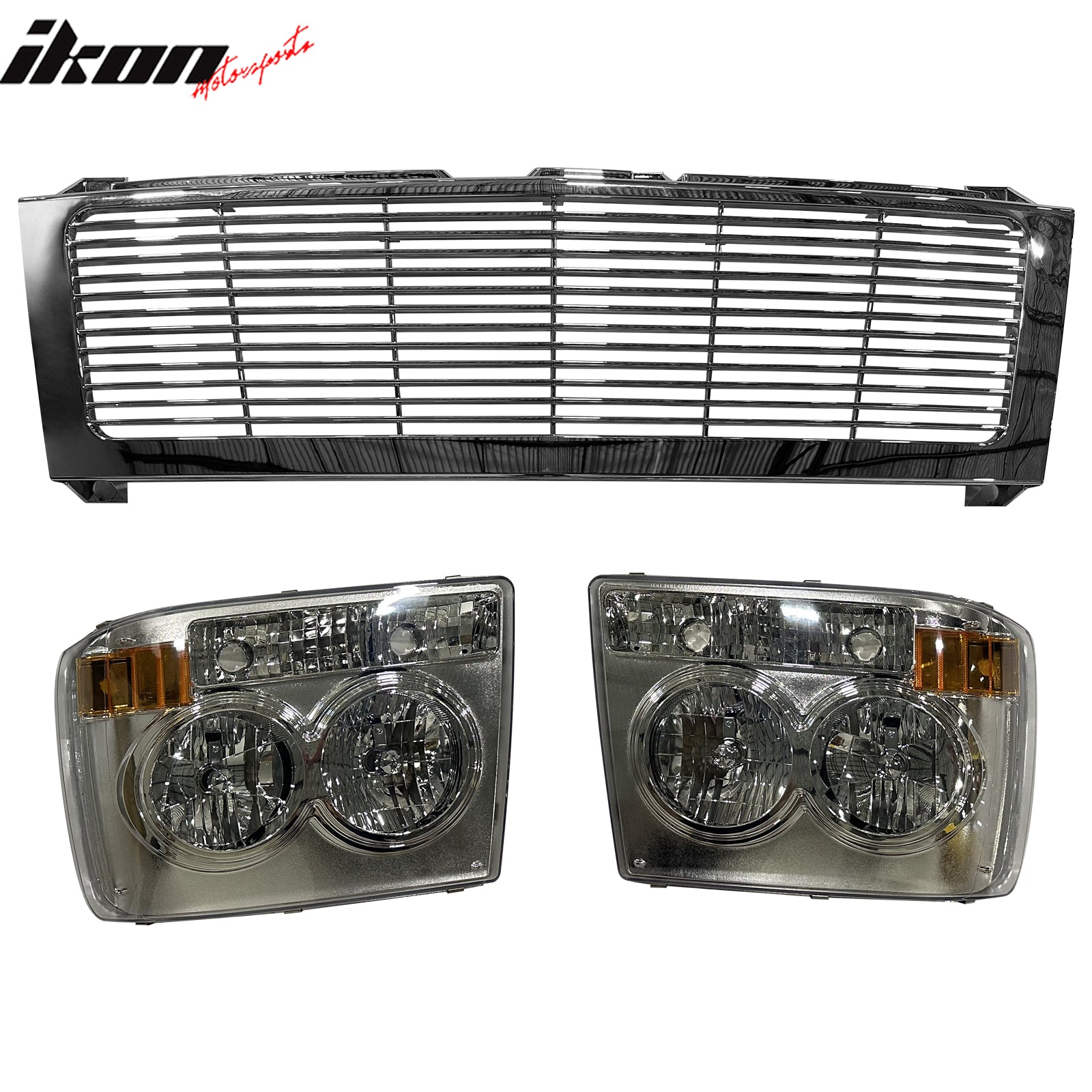IKON MOTORSPORTS Front Bumper Upper Grille W/Headlights, Compatible with 1999-2002 Chevrolet Silverado, RR Style Chrome Replacement Front Bumper Grill Assembly