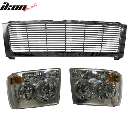 IKON MOTORSPORTS Front Bumper Upper Grille W/Headlights, Compatible with 1999-2002 Chevrolet Silverado, RR Style Chrome Replacement Front Bumper Grill Assembly