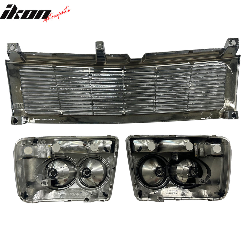 IKON MOTORSPORTS Front Bumper Upper Grille W/Headlights, Compatible with 1999-2002 Chevrolet Silverado, RR Style Chrome Replacement Front Bumper Grill Assembly